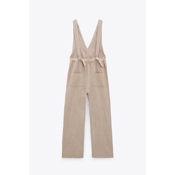 Zara Linen Wide Straight Leg Long Jumpsuit Overalls High Rise Waisted V-Neck XS - Picture 2 of 10